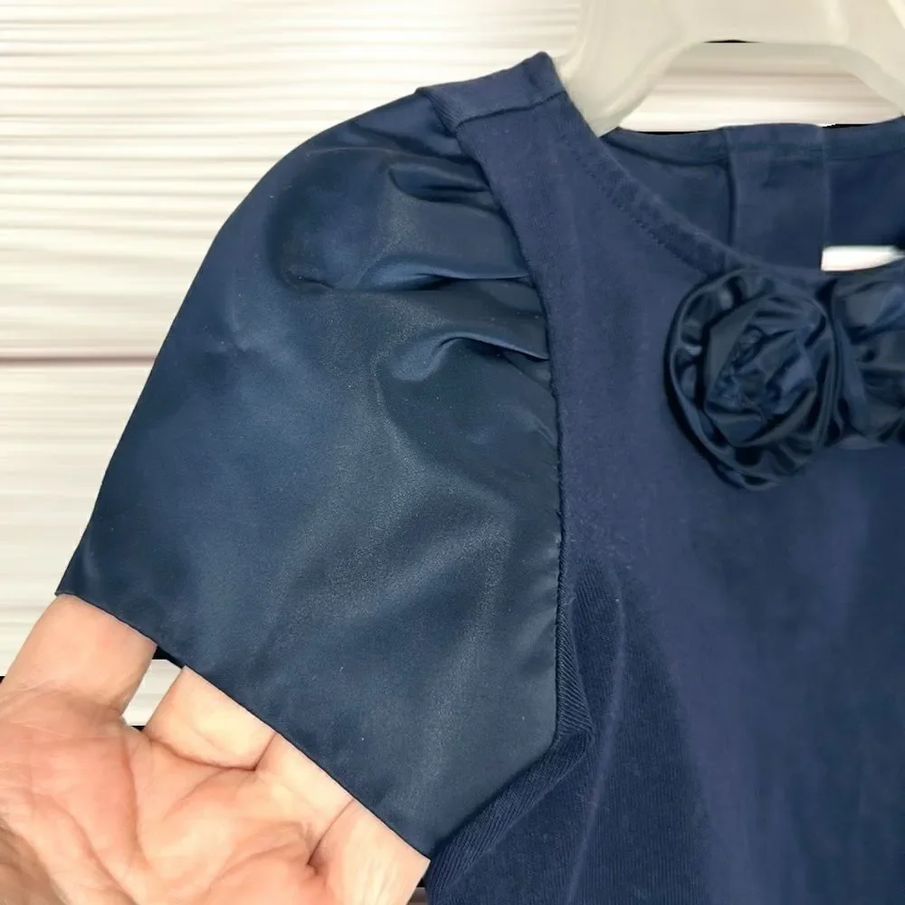 Janie & Jack Girls Top Shirt Size 3 Navy Blue Satin Sheen Rosettes And Sleeves